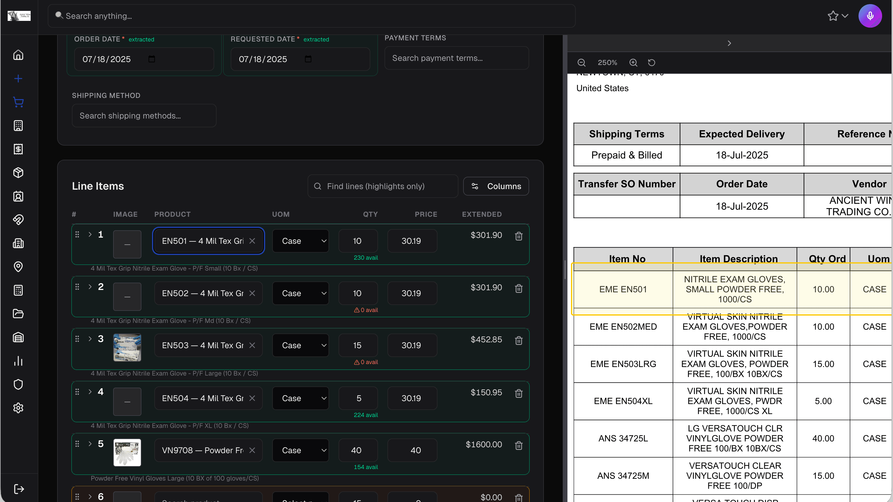 Order entry with document extraction and inventory availability