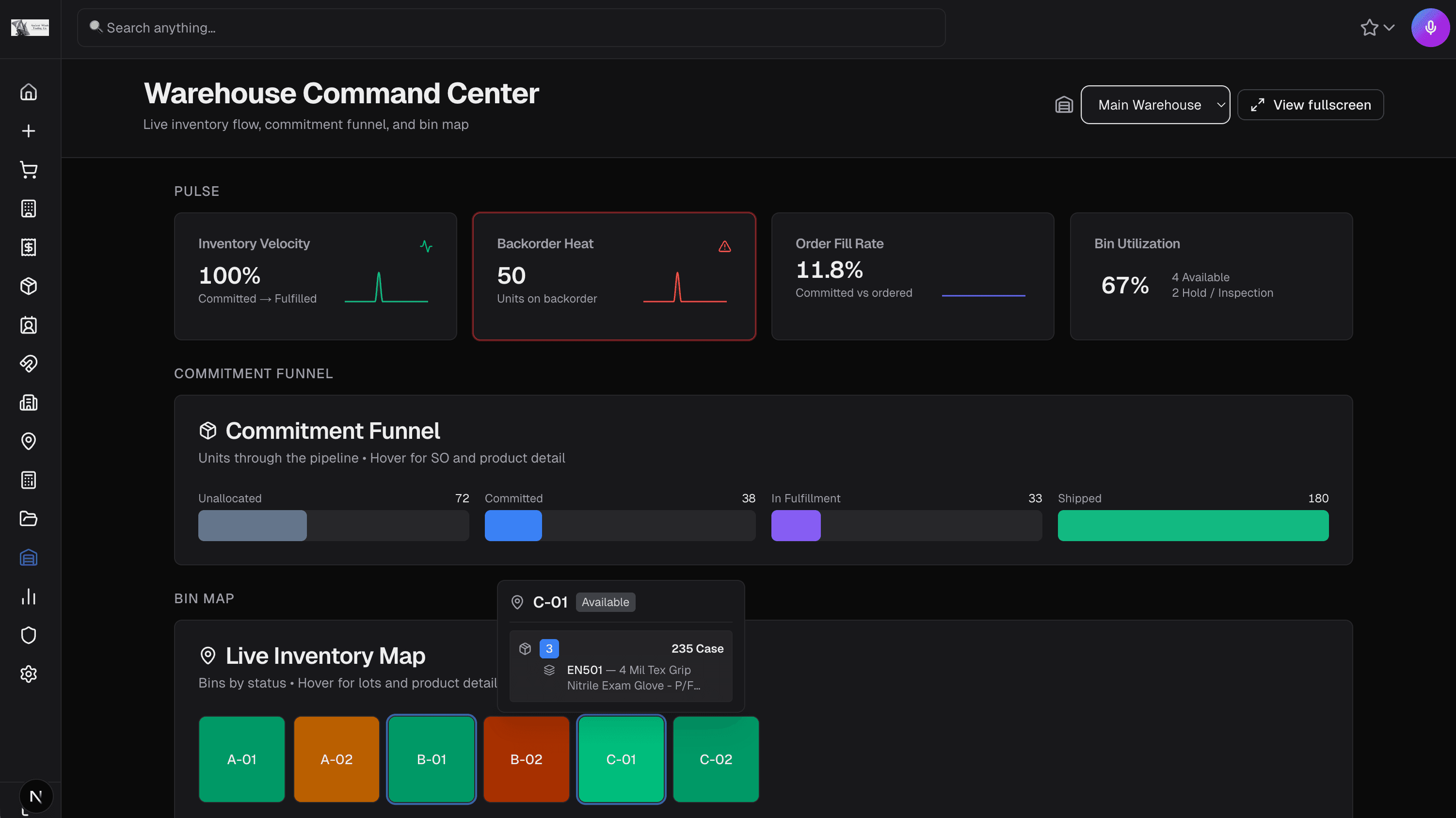 Warehouse Command Center with inventory metrics and bin map